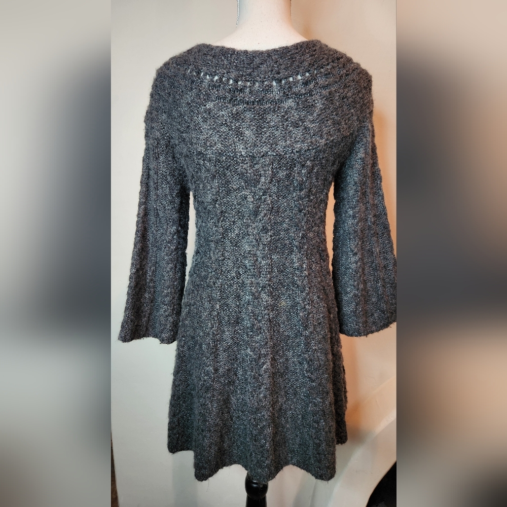 Free People Wool Chunky Cable Knit Gray Bell Sleeve Winter Mini Dress | Small - Picture 4 of 9
